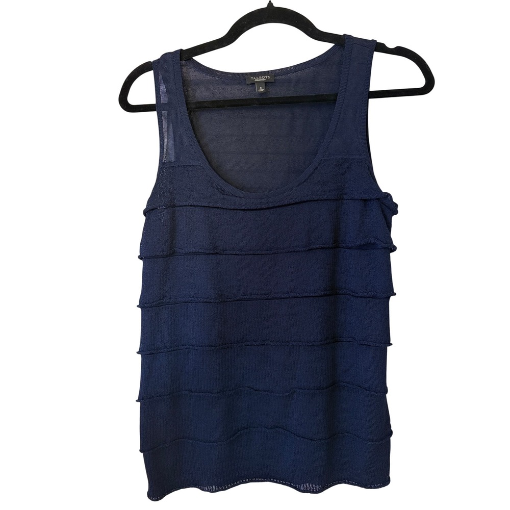 Talbots Tiered Ruffle Knit Tank Top Navy Blue Sleeveless Scoop Neck Womens S